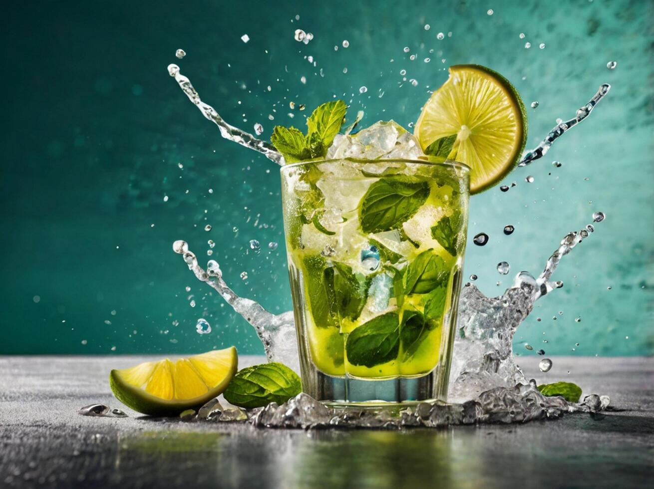 amazing mojito cocktail with beautiful background and pieces of ice photo
