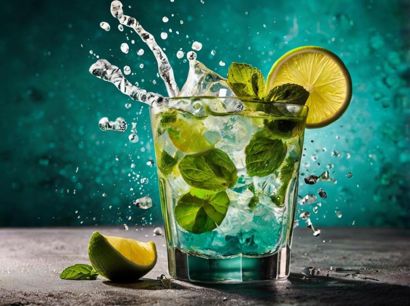 amazing mojito cocktail with beautiful background and pieces of ice photo