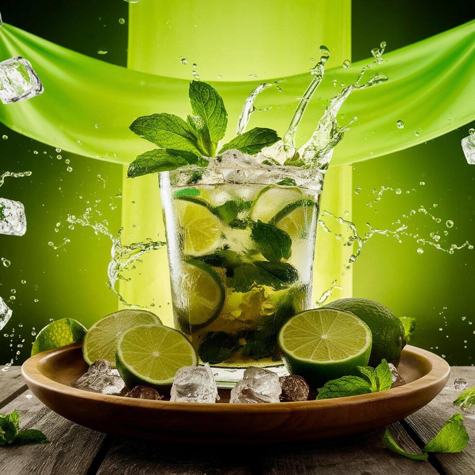 amazing mojito cocktail with beautiful background and pieces of ice photo