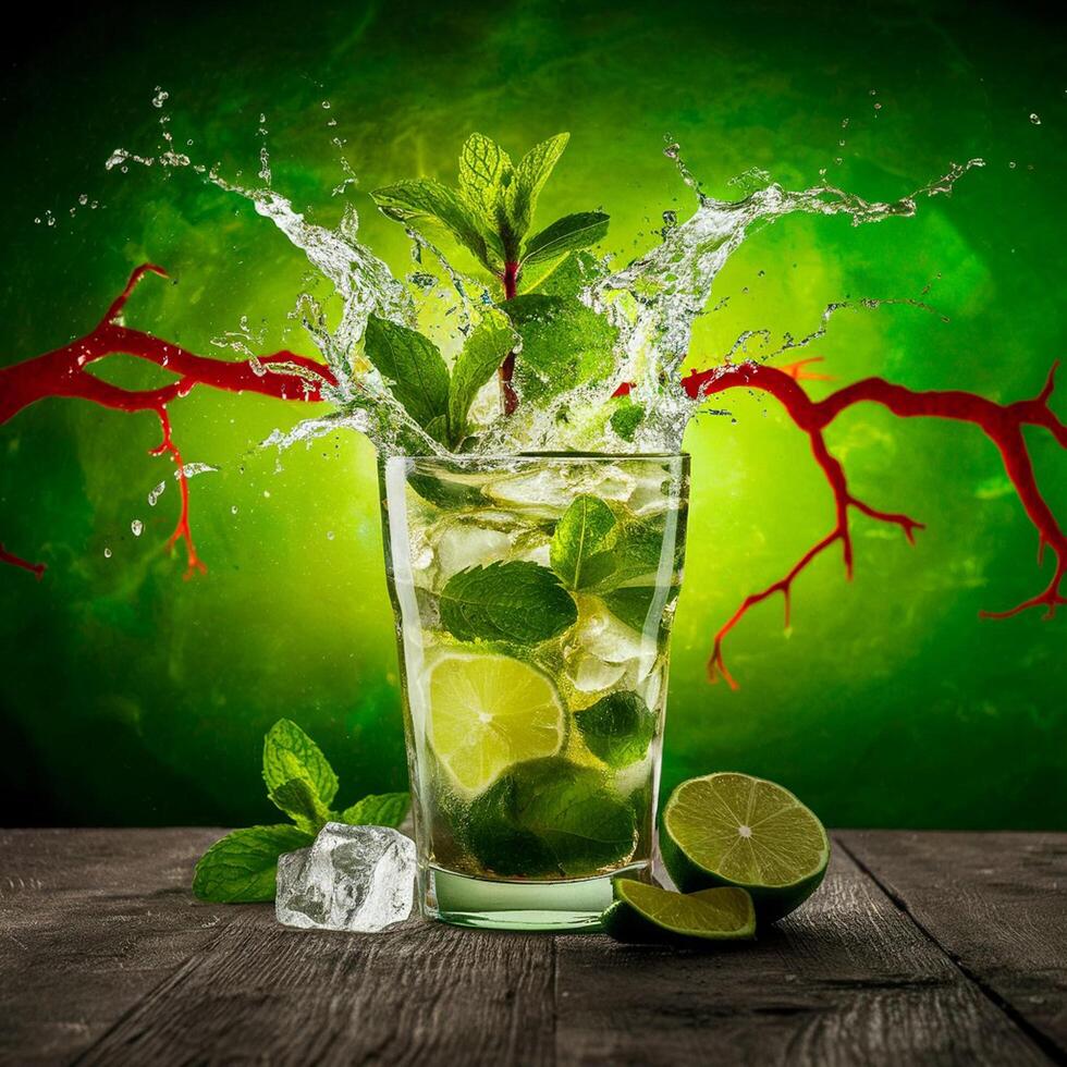 amazing mojito cocktail with beautiful background and pieces of ice photo