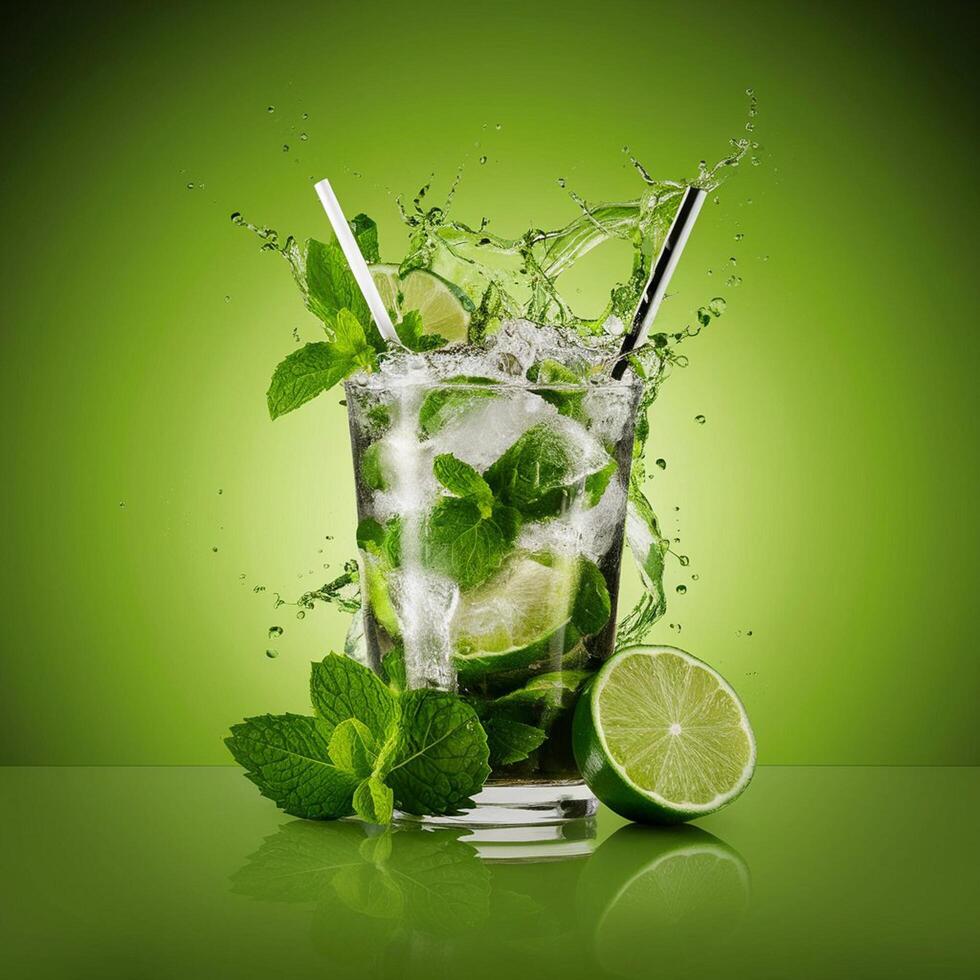 amazing mojito cocktail with beautiful background and pieces of ice photo