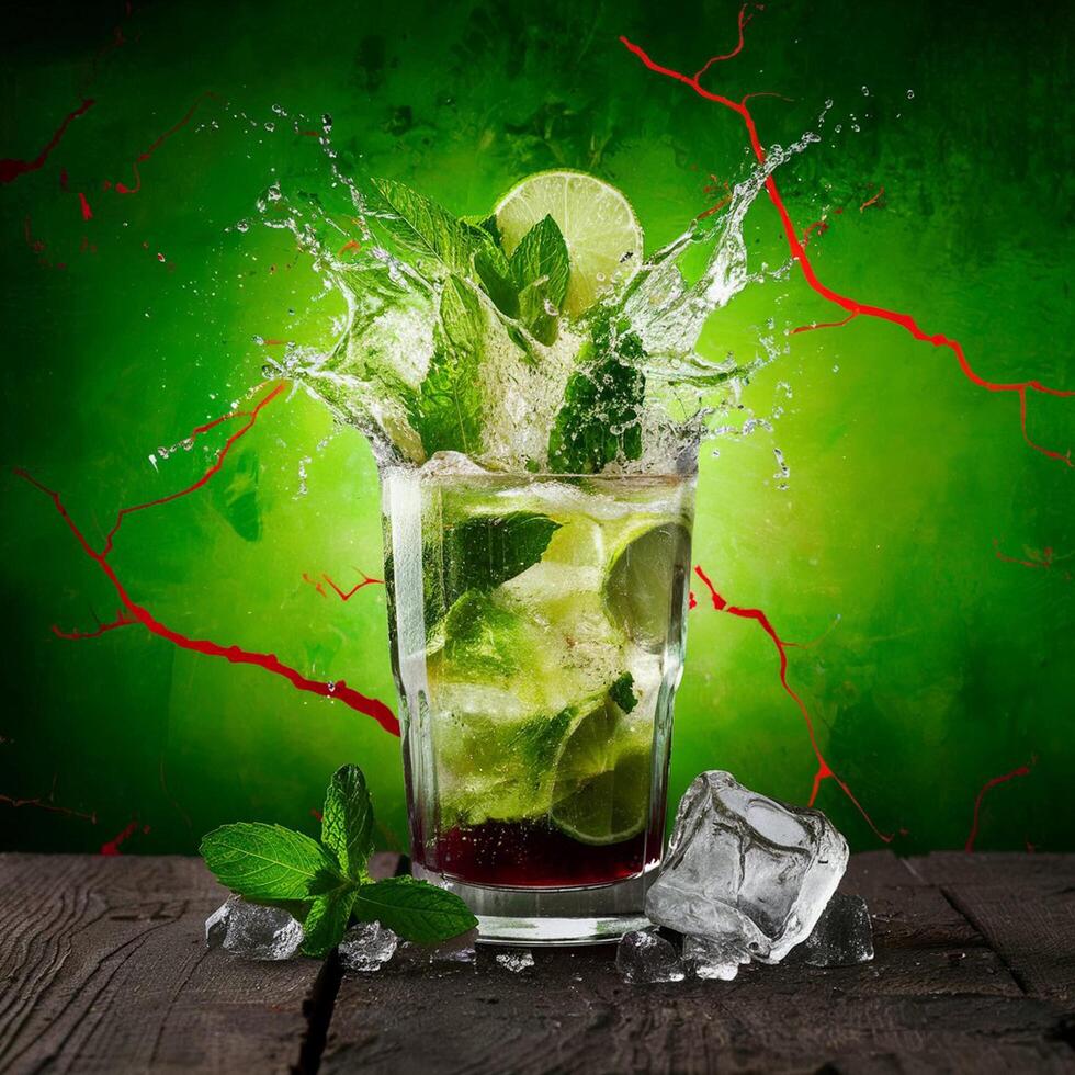 amazing mojito cocktail with beautiful background and pieces of ice photo