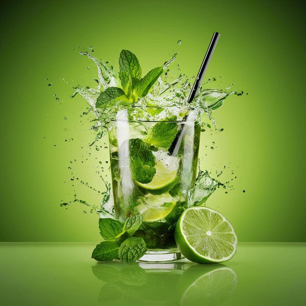 amazing mojito cocktail with beautiful background and pieces of ice photo