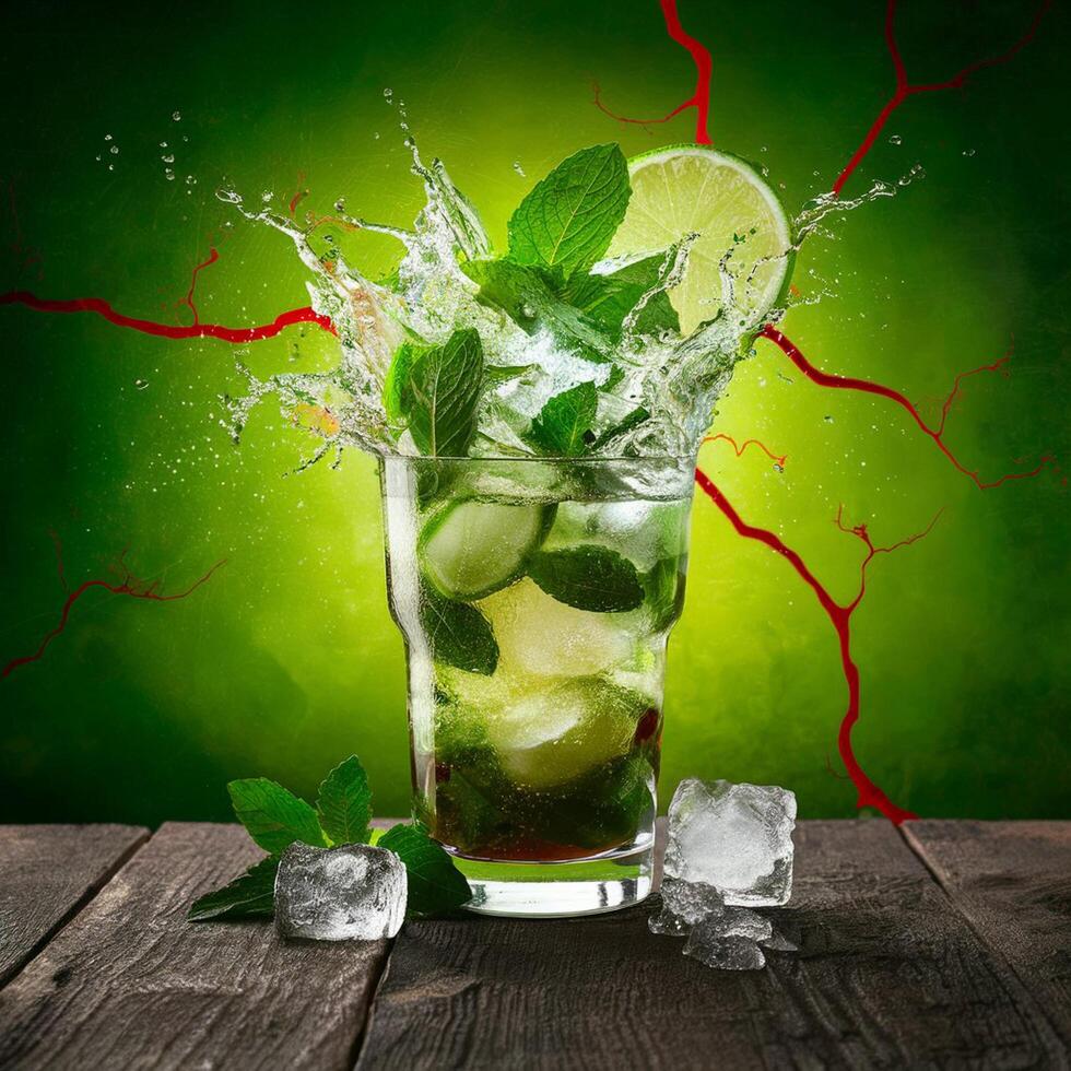 amazing mojito cocktail with beautiful background and pieces of ice photo