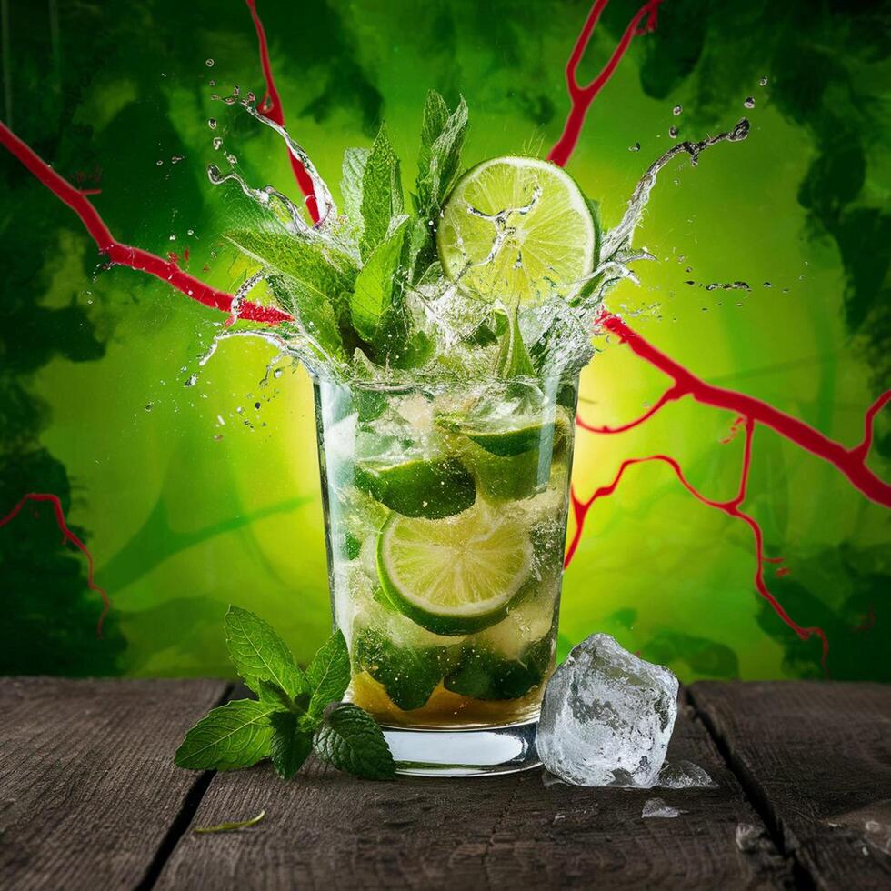 amazing mojito cocktail with beautiful background and pieces of ice photo