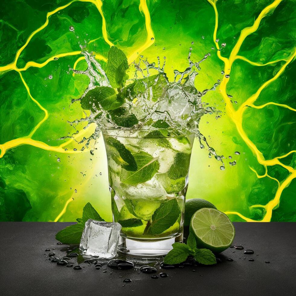 amazing mojito cocktail with beautiful background and pieces of ice photo