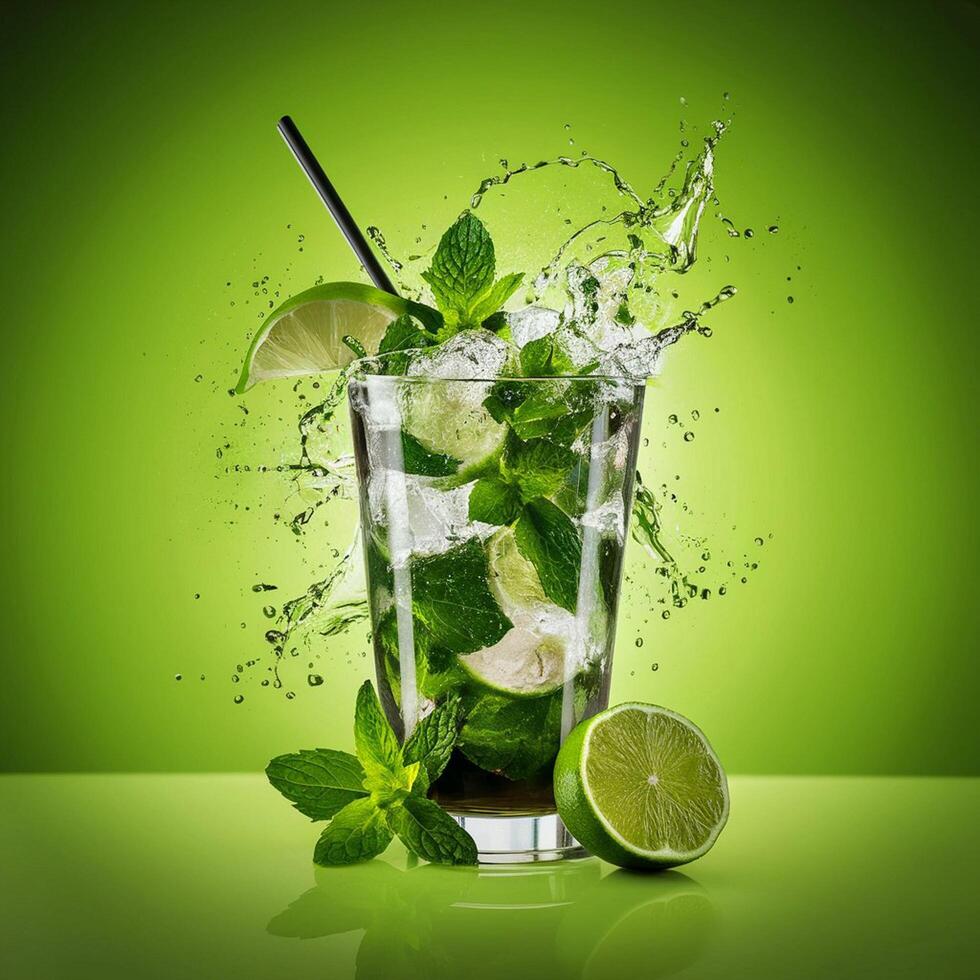 amazing mojito cocktail with beautiful background and pieces of ice photo