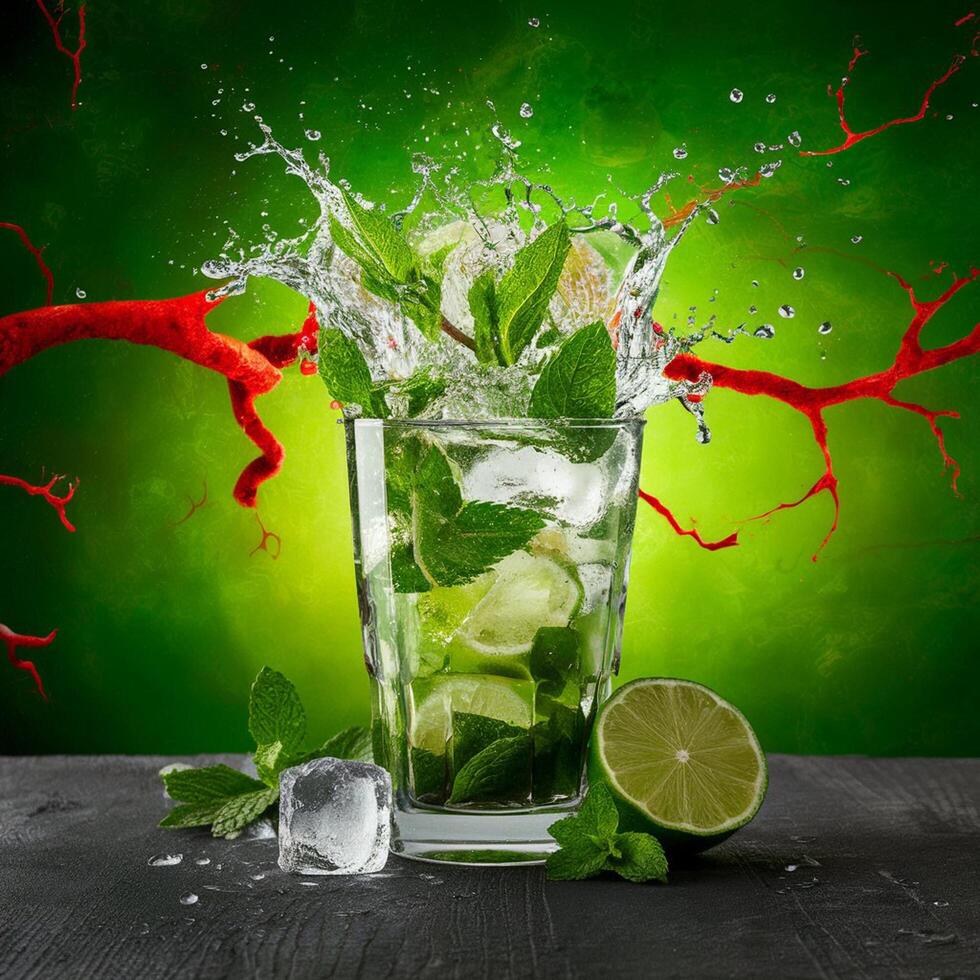 amazing mojito cocktail with beautiful background and pieces of ice photo