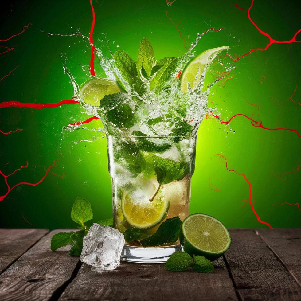 amazing mojito cocktail with beautiful background and pieces of ice photo