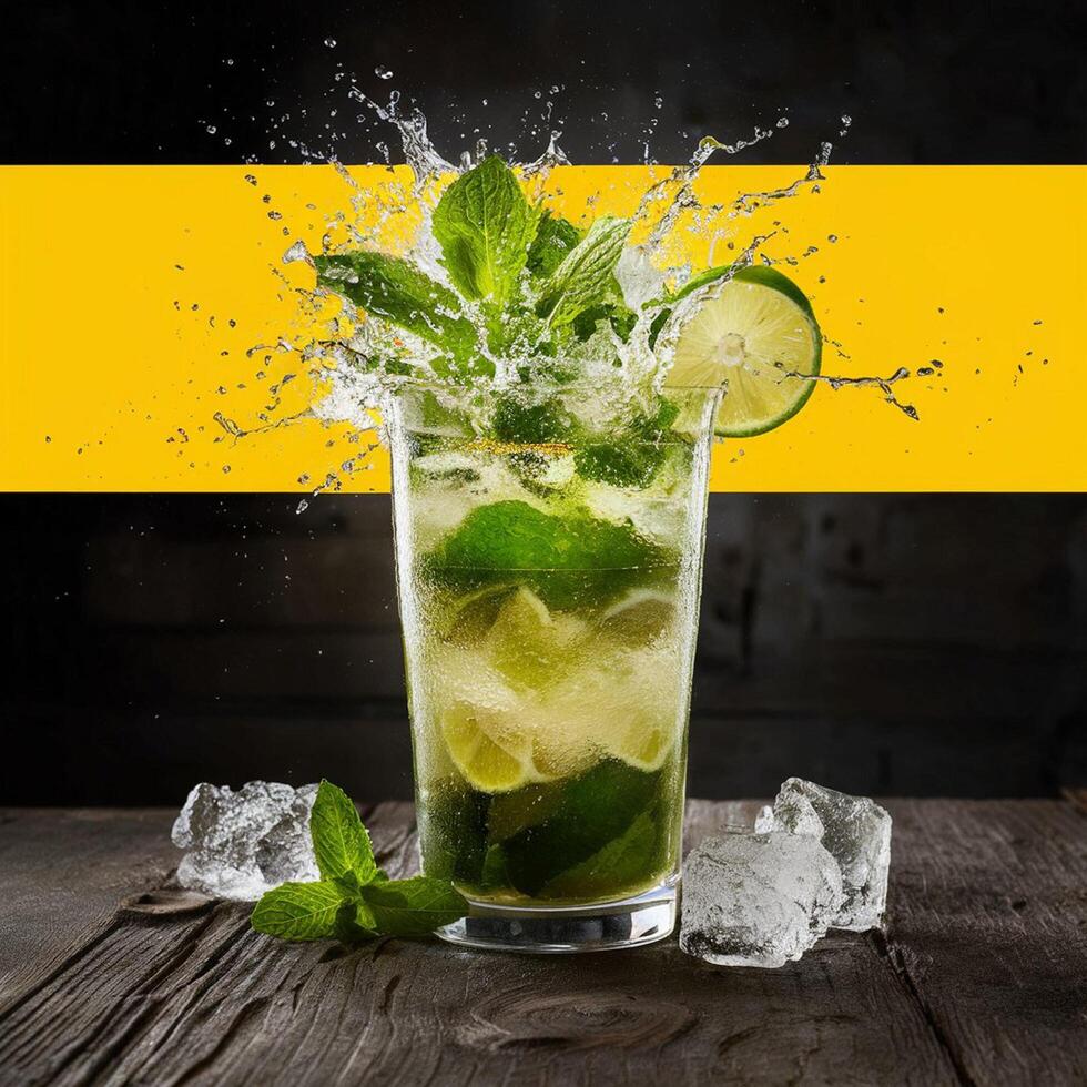 amazing mojito cocktail with beautiful background and pieces of ice photo
