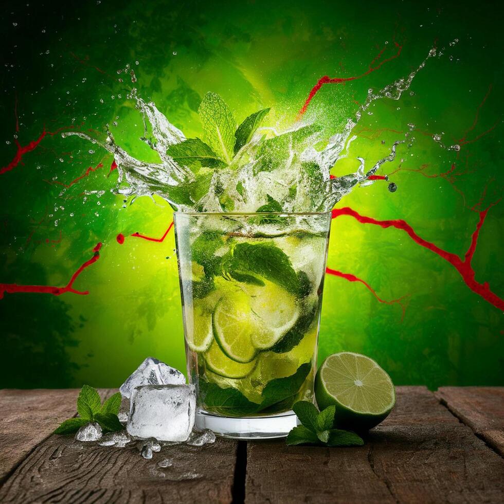 amazing mojito cocktail with beautiful background and pieces of ice photo