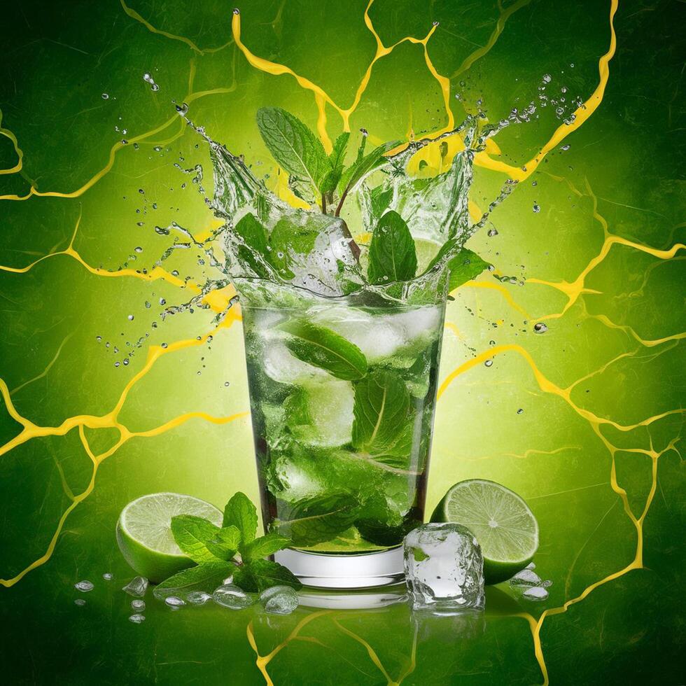 amazing mojito cocktail with beautiful background and pieces of ice photo