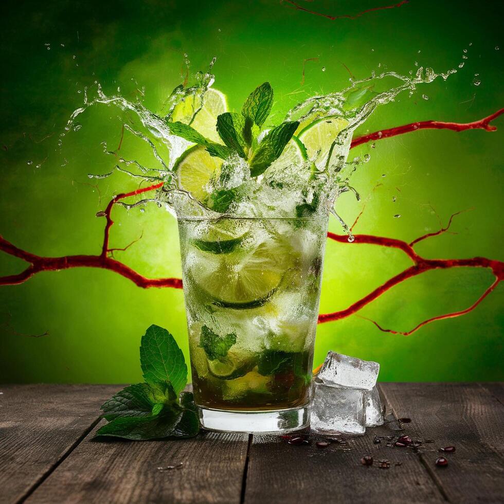 amazing mojito cocktail with beautiful background and pieces of ice photo