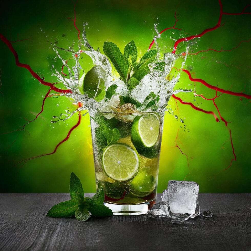 amazing mojito cocktail with beautiful background and pieces of ice photo
