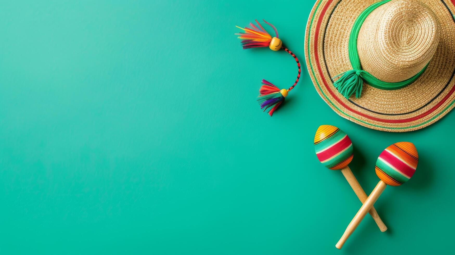 A green background with a hat and two maracas on it photo