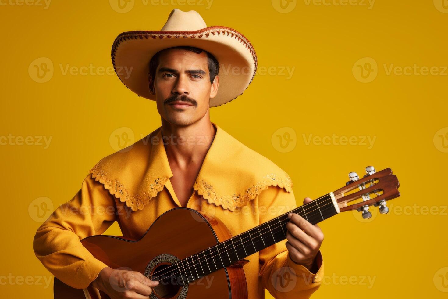 A man in a yellow shirt and hat is playing a guitar photo
