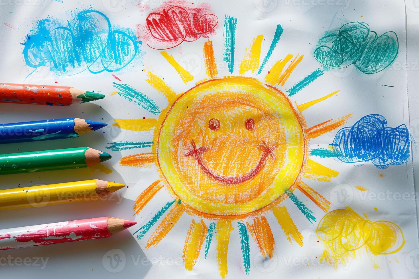 Drawing of a sun with coloured clouds of a small child, with coloured pencils photo
