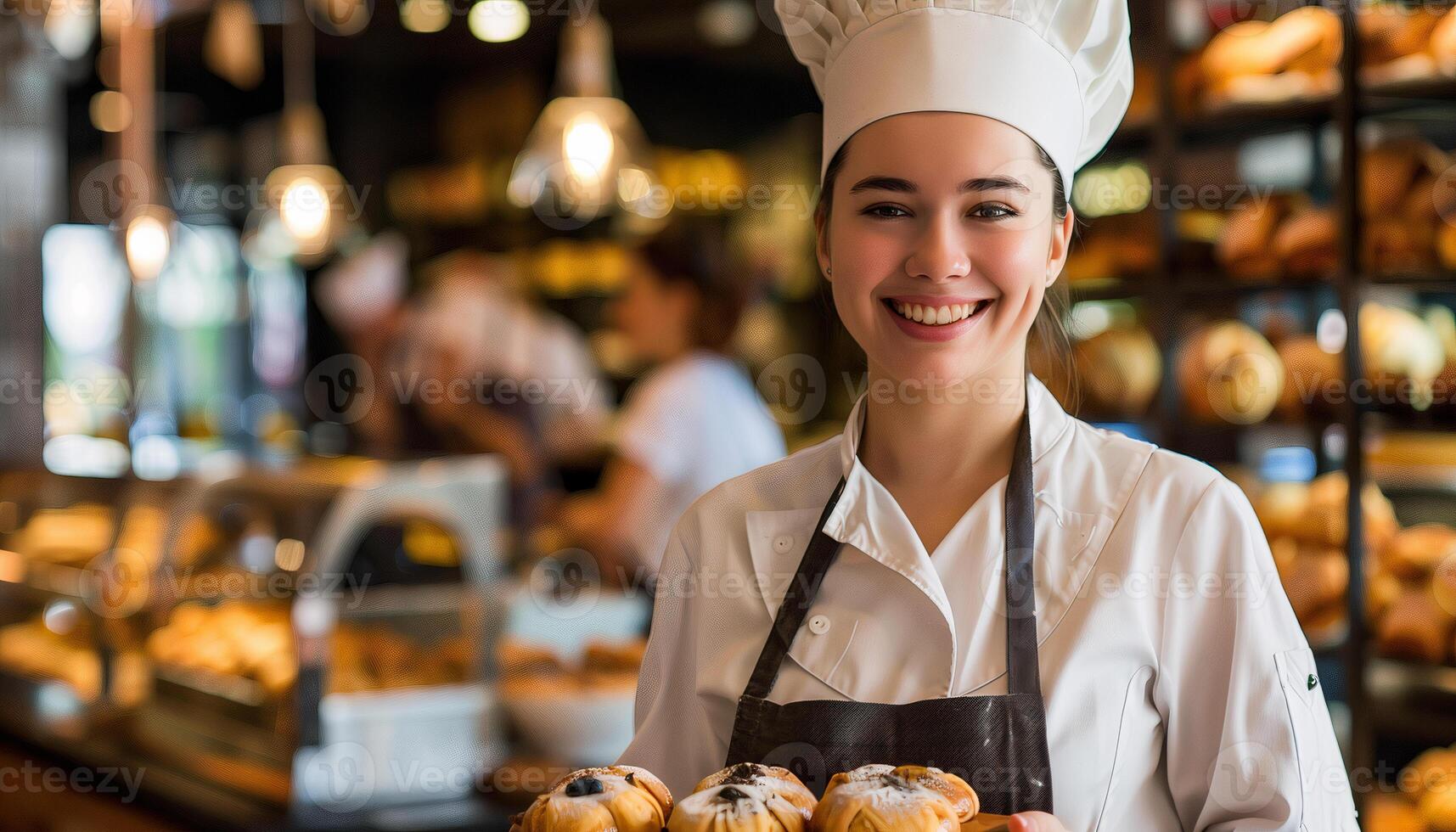 Smiling Female Baker Holding Fresh Pastries in a Busy Bakery photo