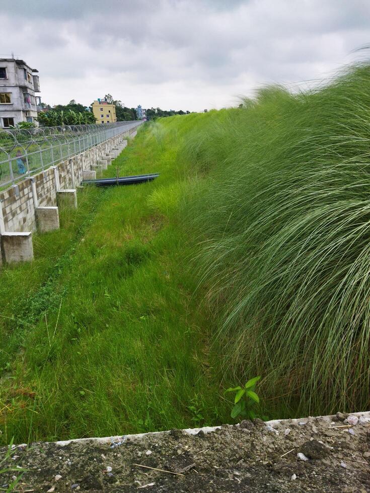 a grassy field with a fence and a building in the background photo