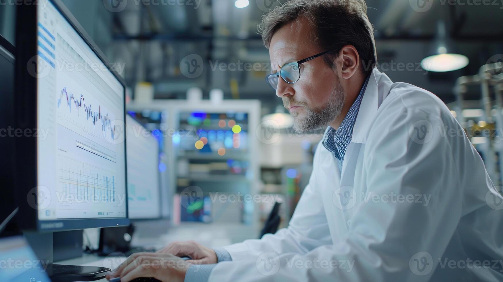 A scientist in a lab coat examines data on a computer screen with graphs and charts, surrounded by laboratory equipment in bright lighting. photo