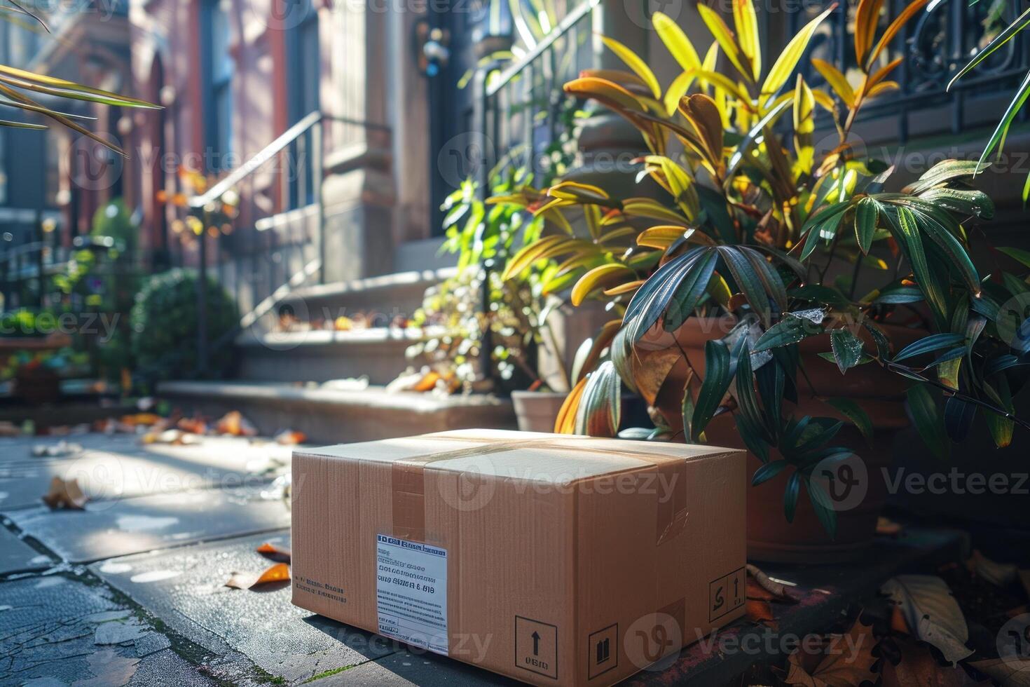 A cardboard box is sitting on a sidewalk photo