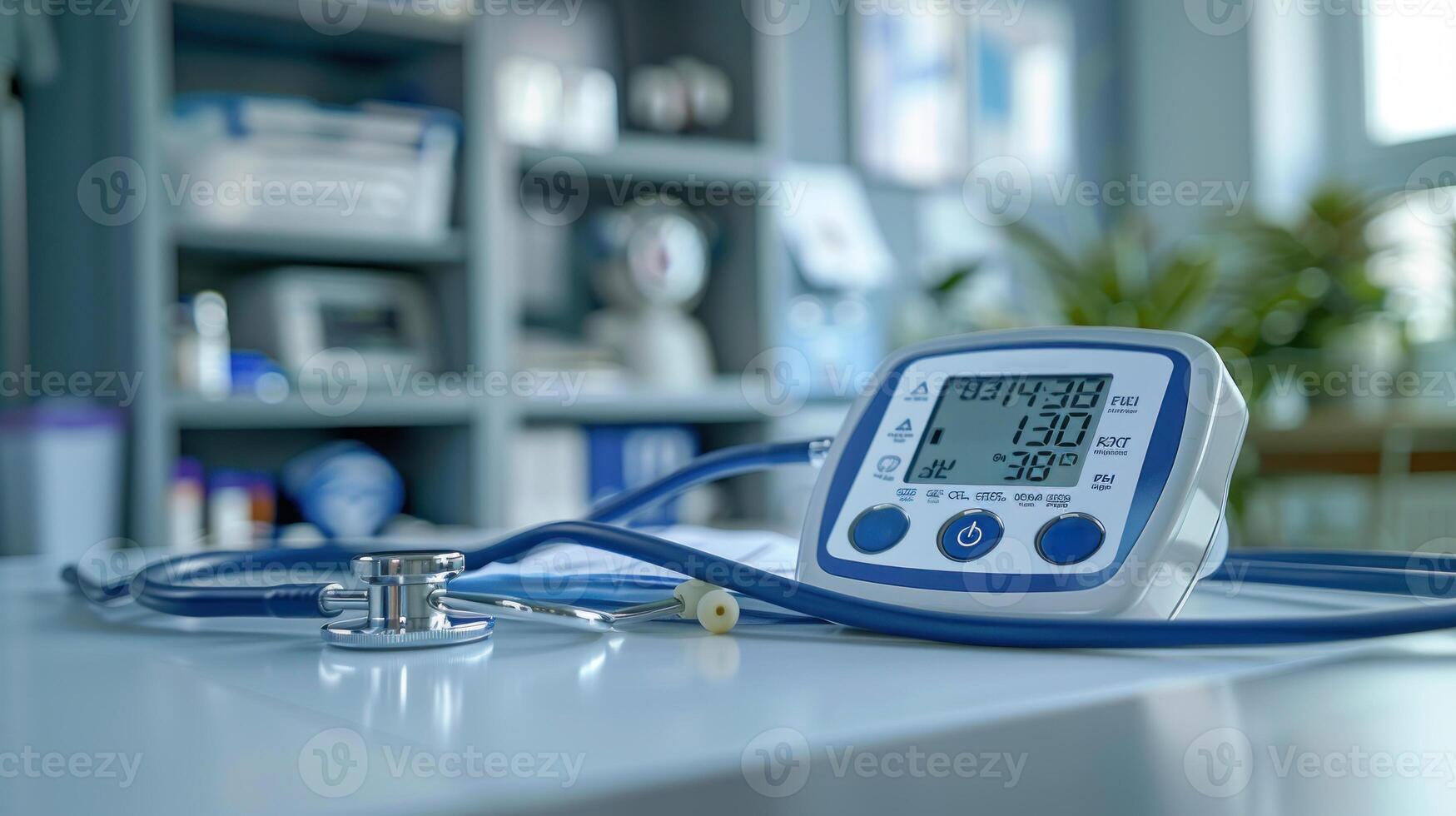A digital blood pressure monitor on a table with visible numbers, stethoscope nearby, in a bright, professional medical office setting. photo