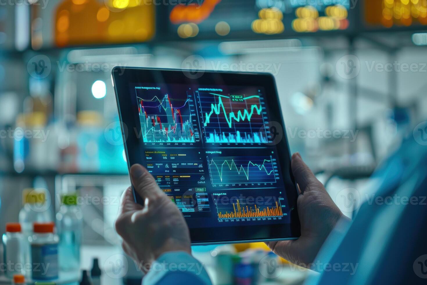 Close-up of a hand holding a tablet displaying clinical trial data with charts and graphs in a lab setting, cool tones. photo