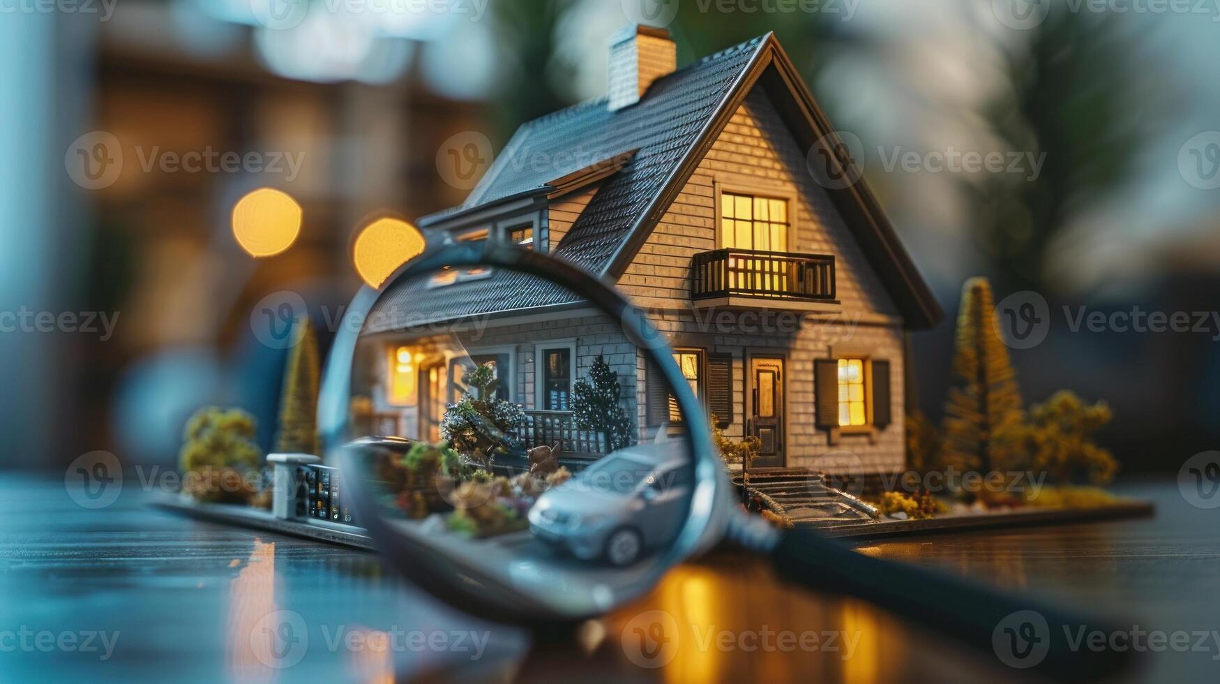 A magnified view of a house with a car and a person in the foreground photo