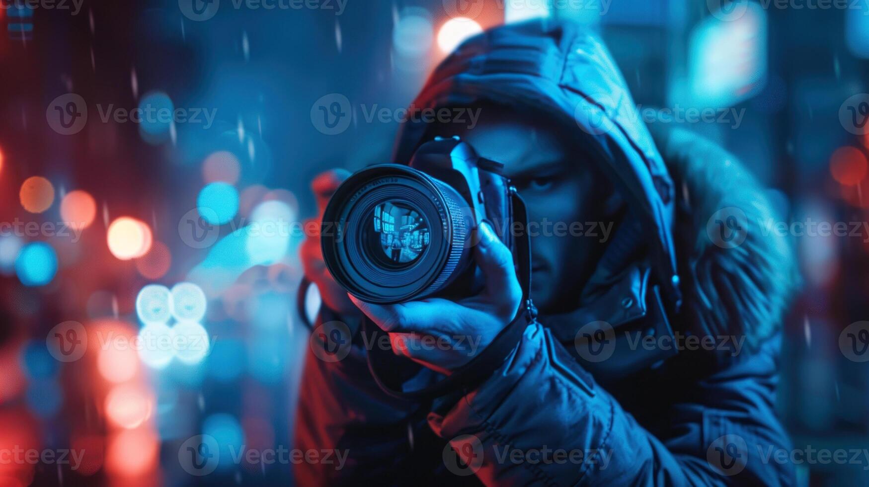 A highly detailed scene of a man taking a photo using a camera, with focused lighting highlighting the moment.