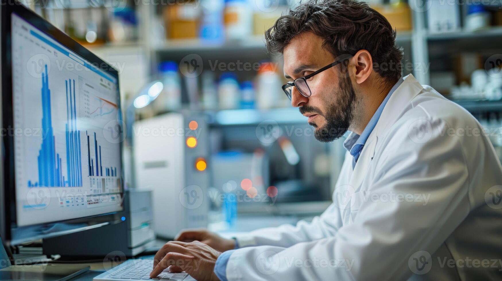 A scientist in a lab coat examines data on a computer screen with graphs and charts, surrounded by laboratory equipment in bright lighting. photo