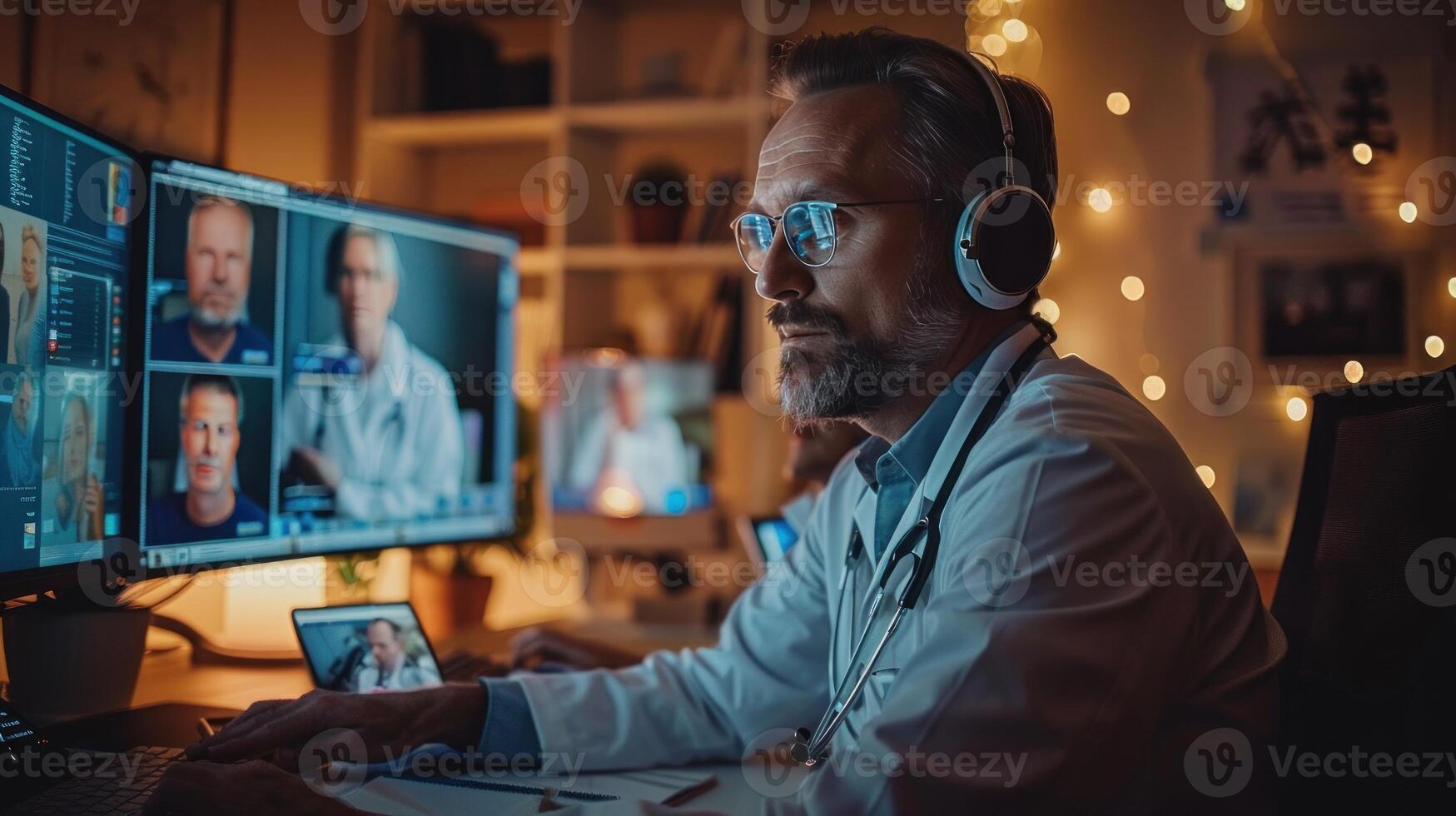 A diverse group of doctors on a conference call, with multiple laptop screens, creating a professional and collaborative atmosphere. photo