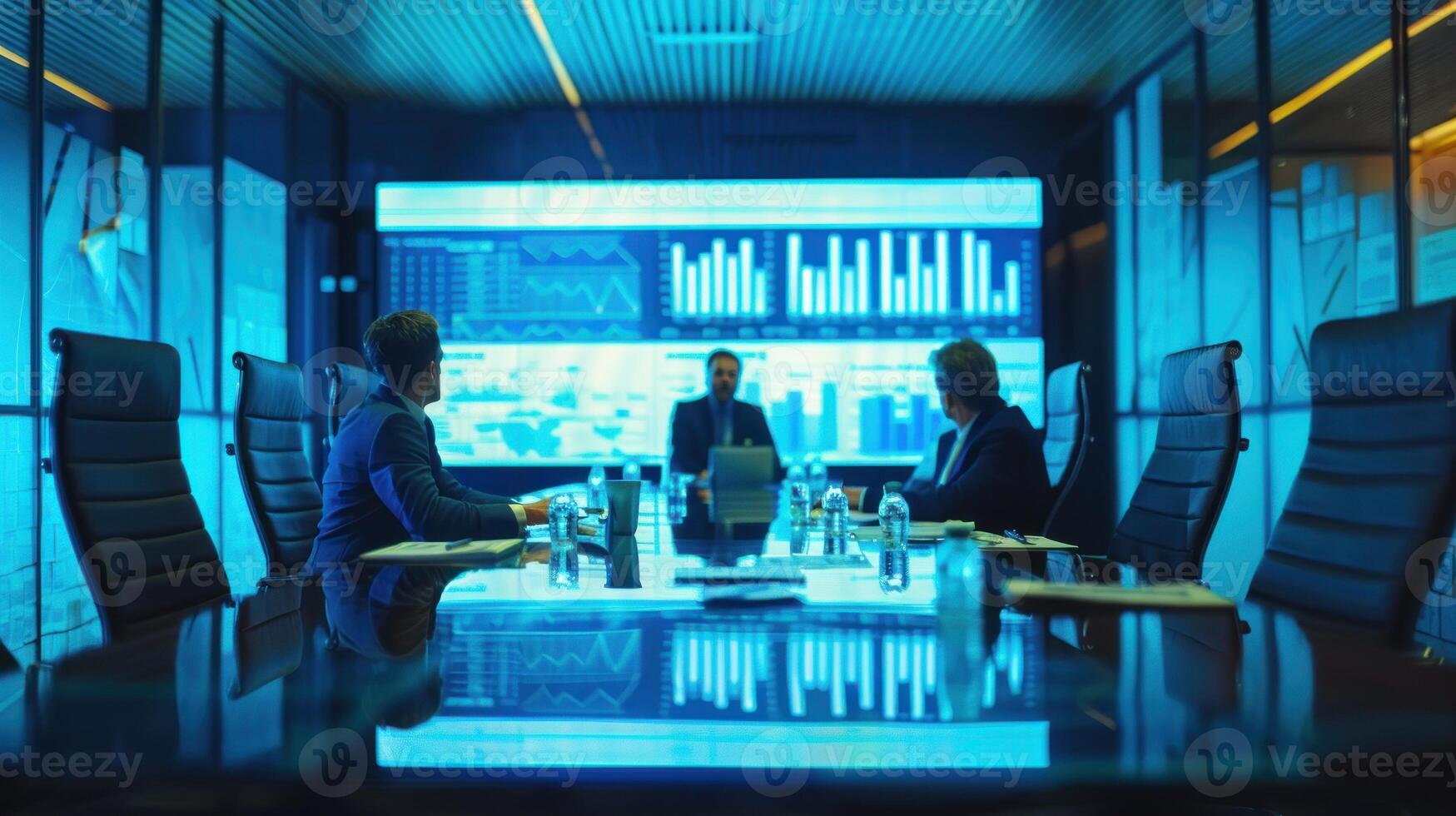 A professional meeting room scene featuring executives in discussion, with documents, graphs, and a large screen displaying charts in cool tones. photo