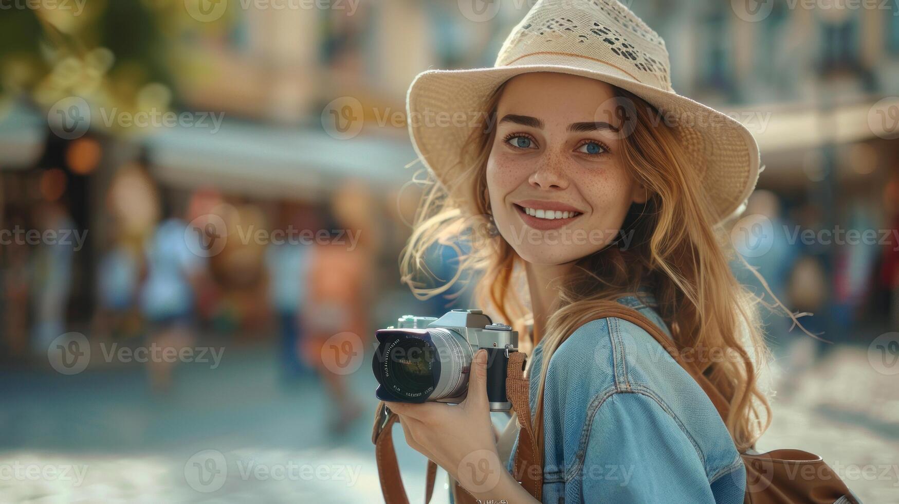 Tourist Woman with Camera in City Square photo