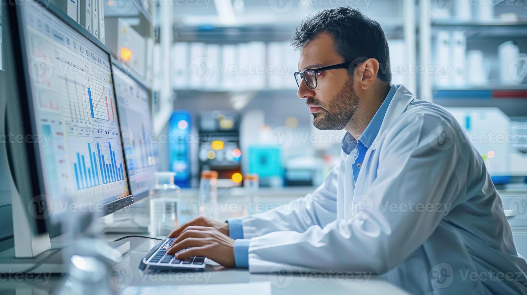 A scientist in a lab coat examines data on a computer screen with graphs and charts, surrounded by laboratory equipment in bright lighting. photo