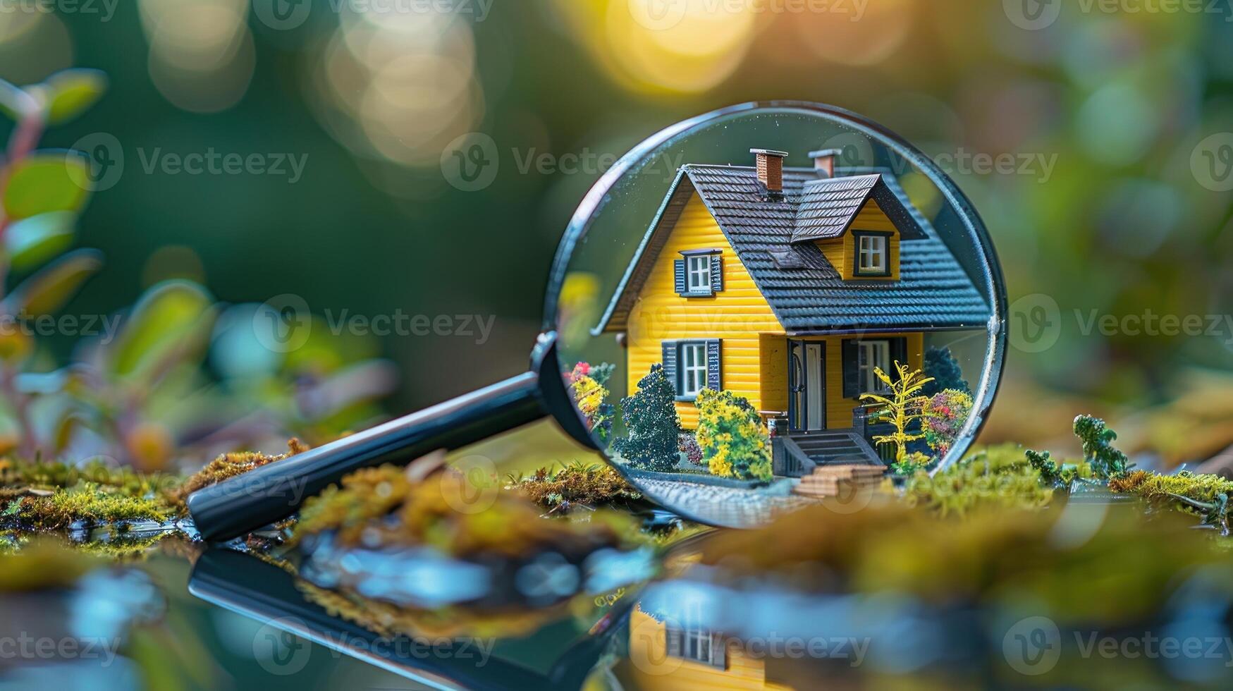 A magnified view of a house with a car and a person in the foreground photo