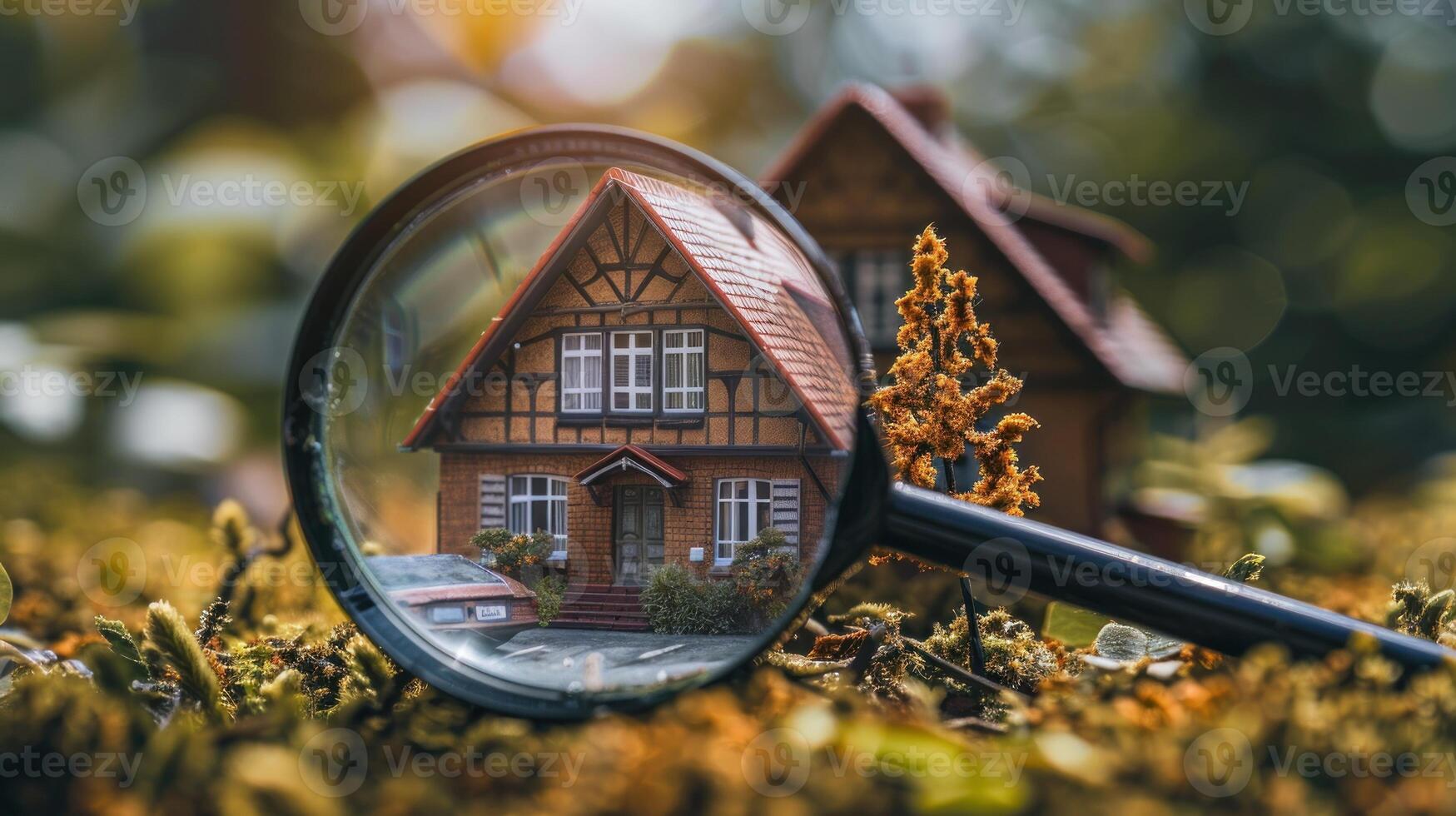 A magnified view of a house with a car and a person in the foreground photo