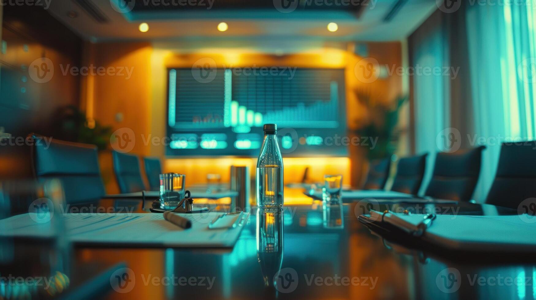 A professional meeting room scene featuring executives in discussion, with documents, graphs, and a large screen displaying charts in cool tones. photo