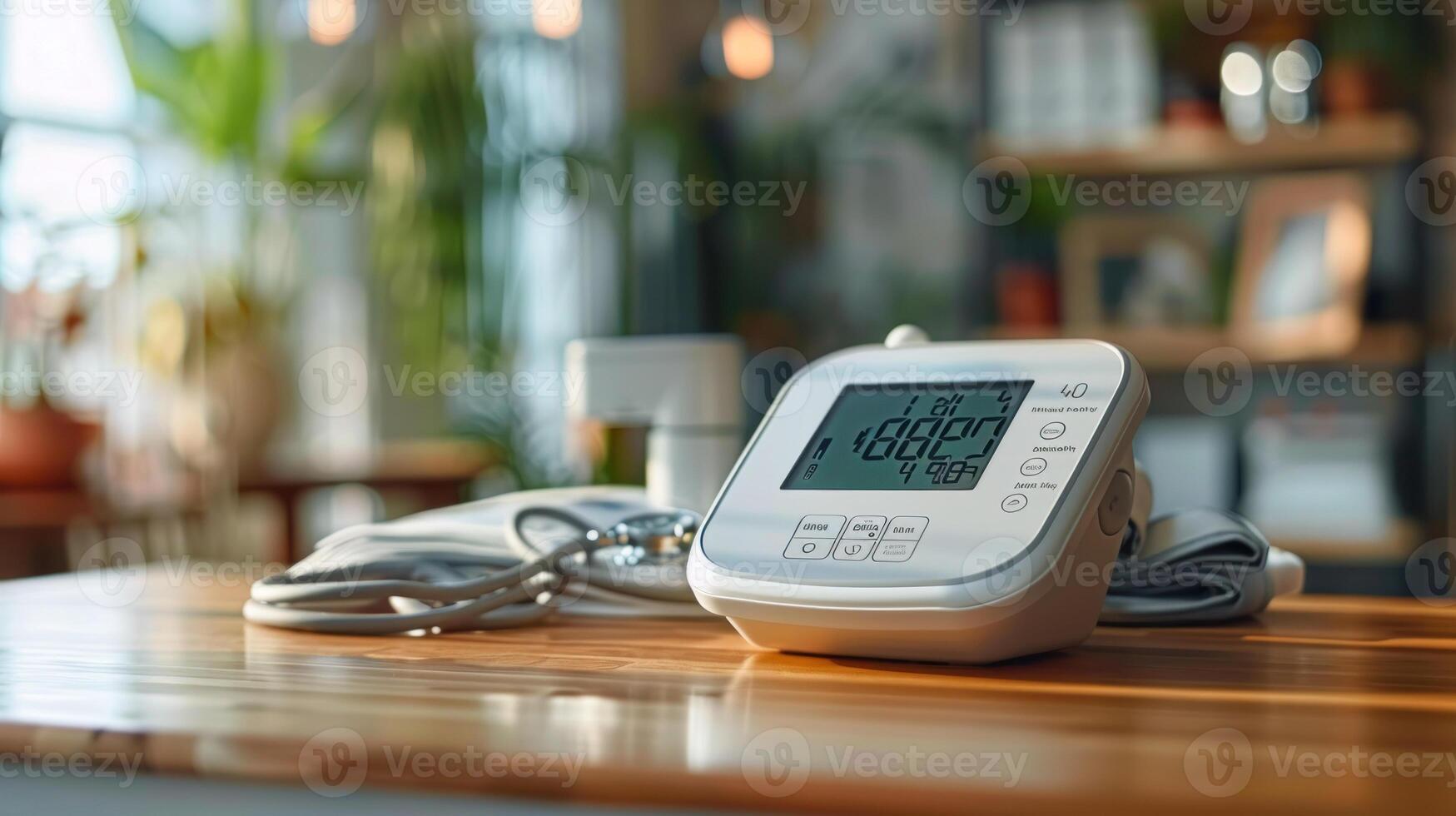 A digital blood pressure monitor on a table with visible numbers, stethoscope nearby, in a bright, professional medical office setting. photo