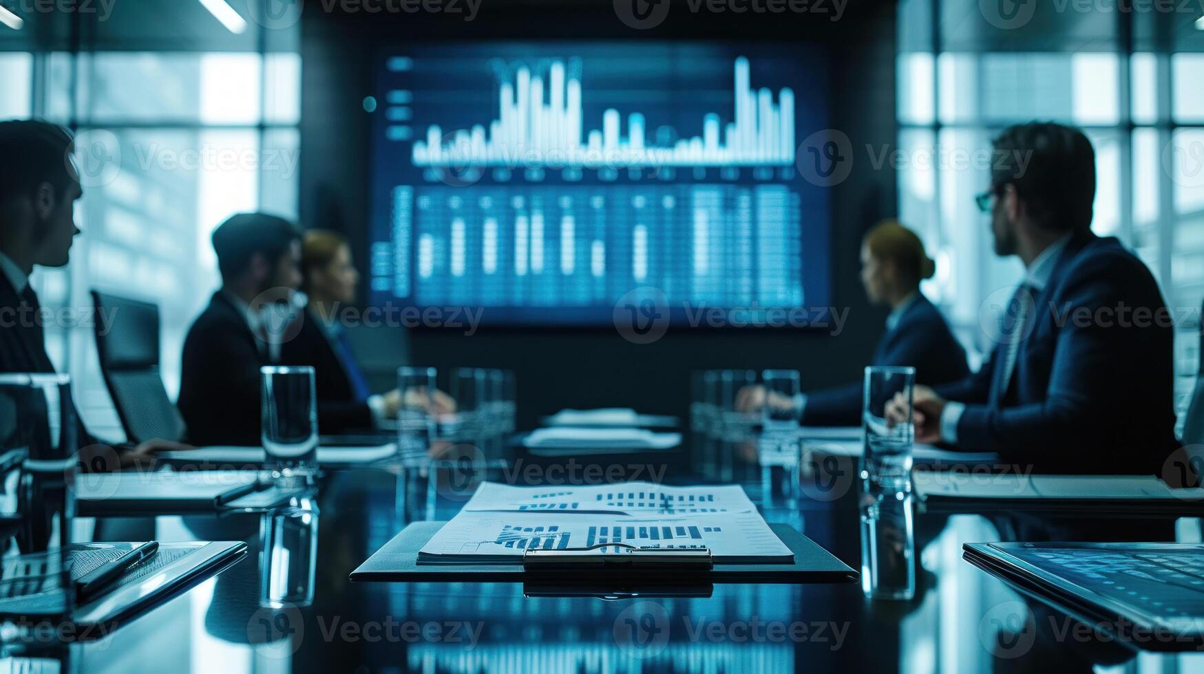 A professional meeting room scene featuring executives in discussion, with documents, graphs, and a large screen displaying charts in cool tones. photo