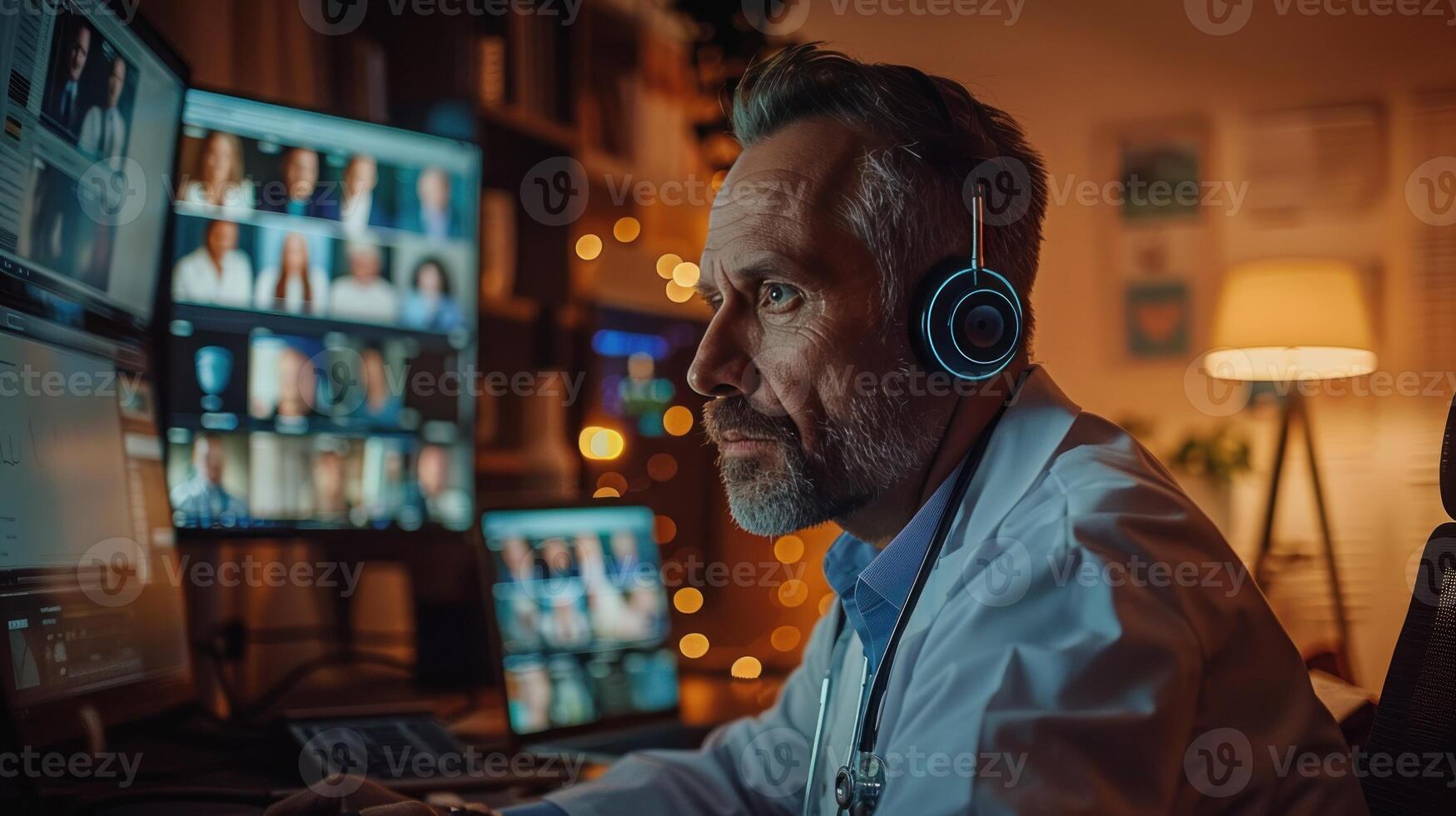 A diverse group of doctors on a conference call, with multiple laptop screens, creating a professional and collaborative atmosphere. photo