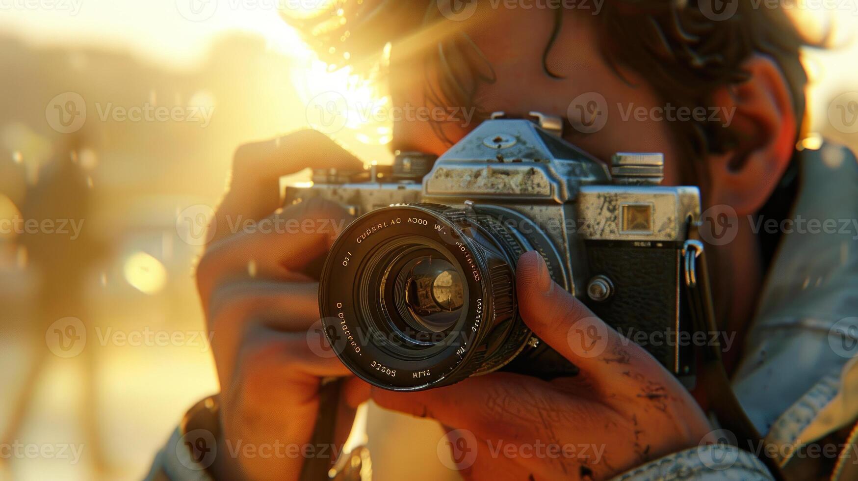 A highly detailed scene of a man taking a photo using a camera, with focused lighting highlighting the moment.