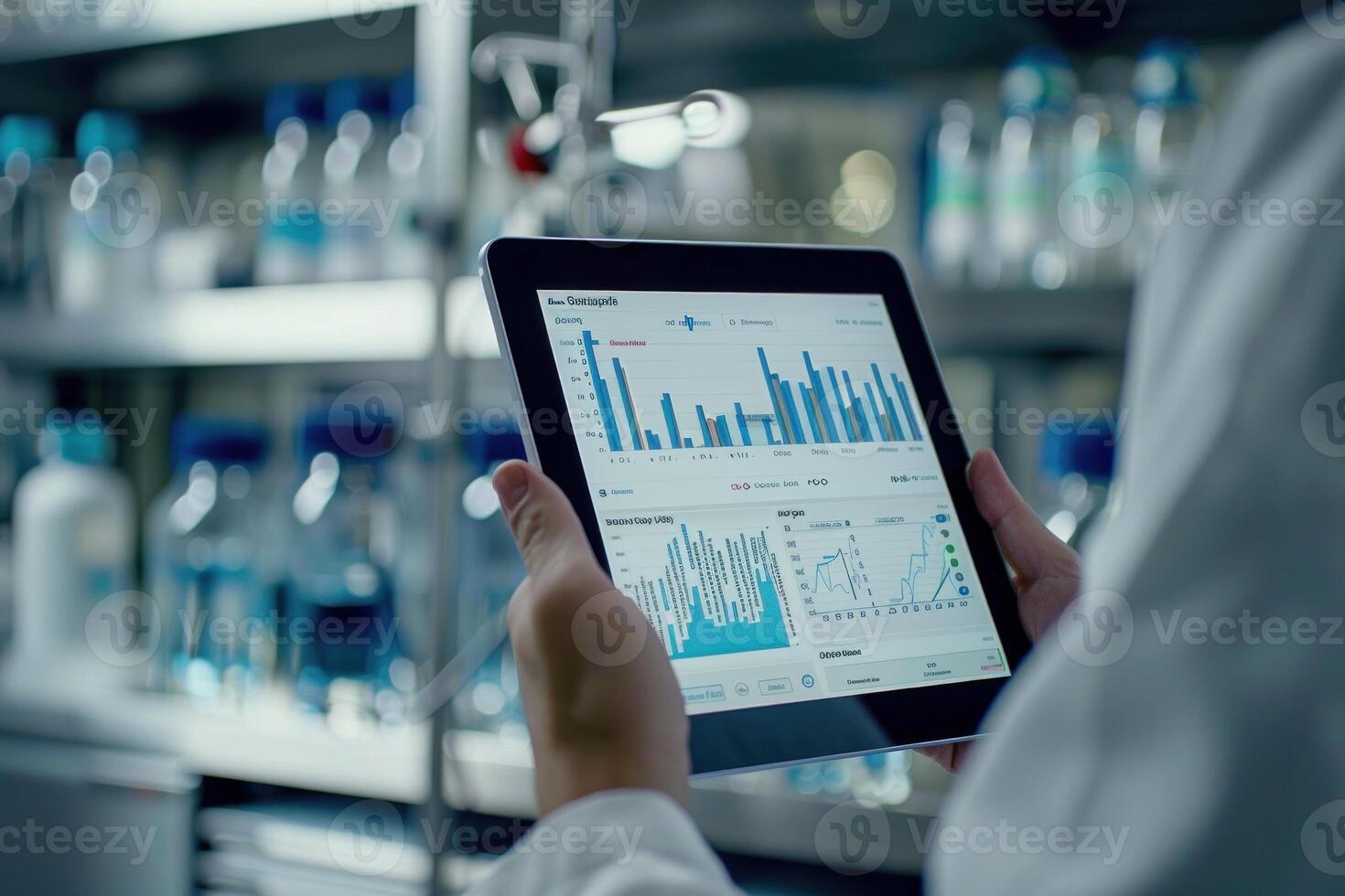 Close-up of a hand holding a tablet displaying clinical trial data with charts and graphs in a lab setting, cool tones. photo