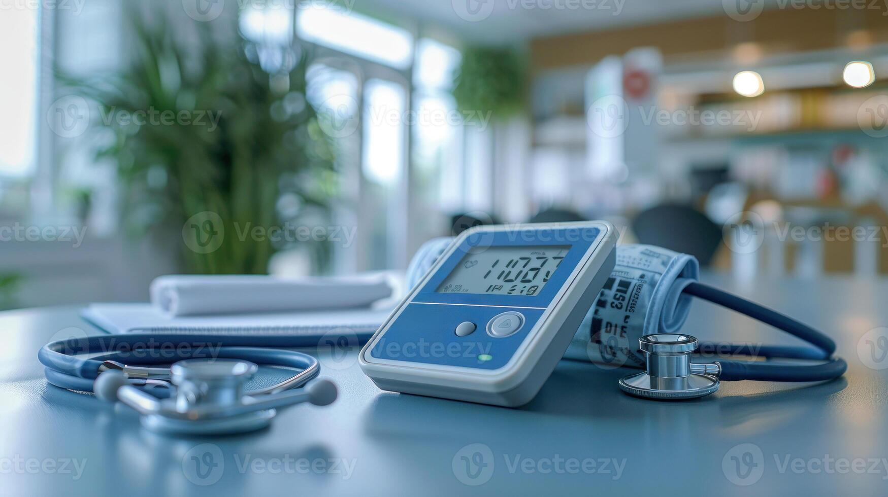 A digital blood pressure monitor on a table with visible numbers, stethoscope nearby, in a bright, professional medical office setting. photo
