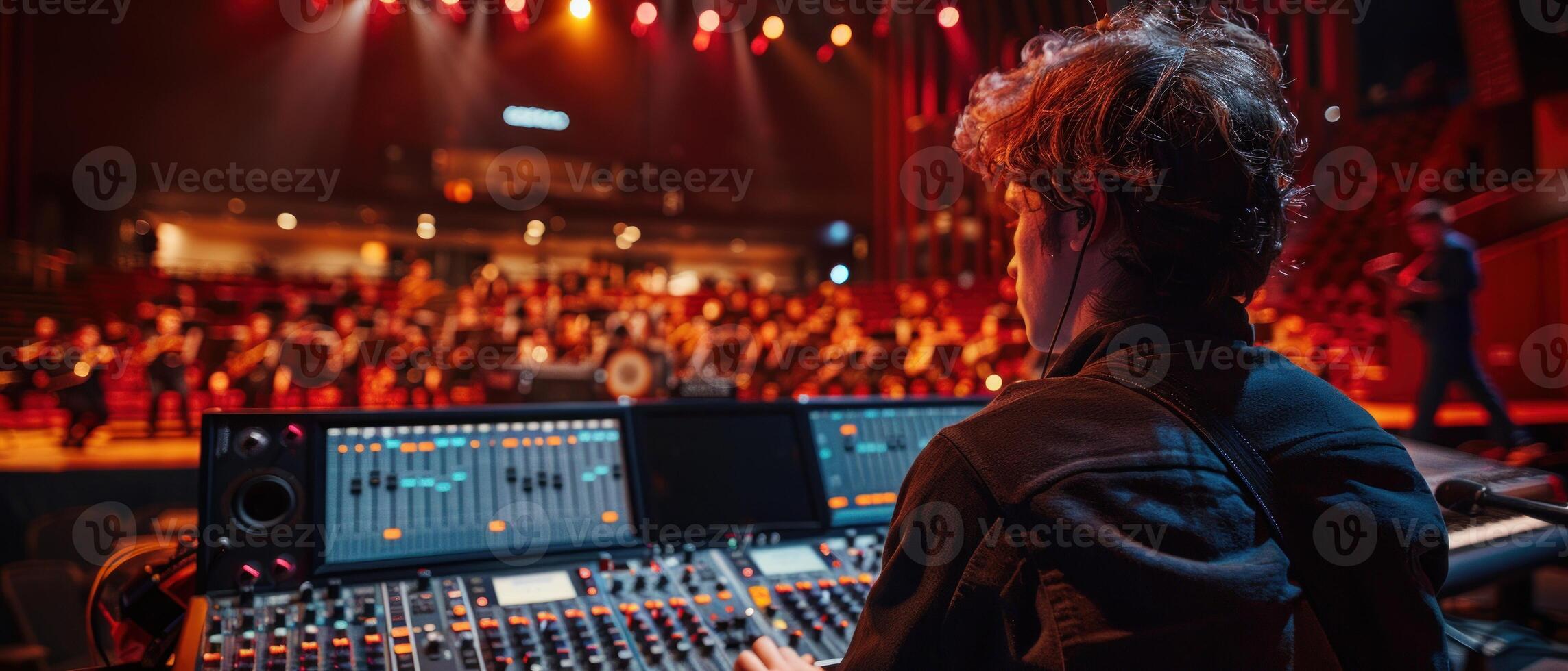 Sound Engineer at Mixing Desk During Rehearsal with Musicians on Stage photo