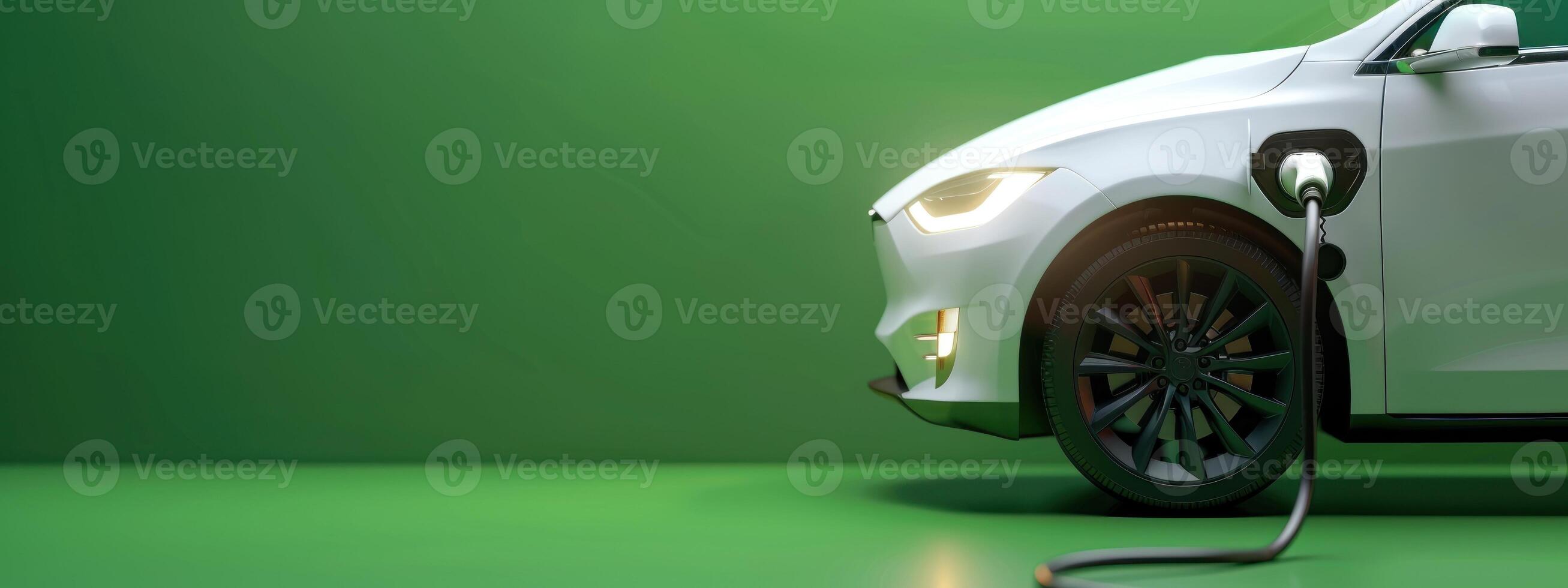 A white electric vehicle is plugged into a power outlet, set against a vibrant green background. photo