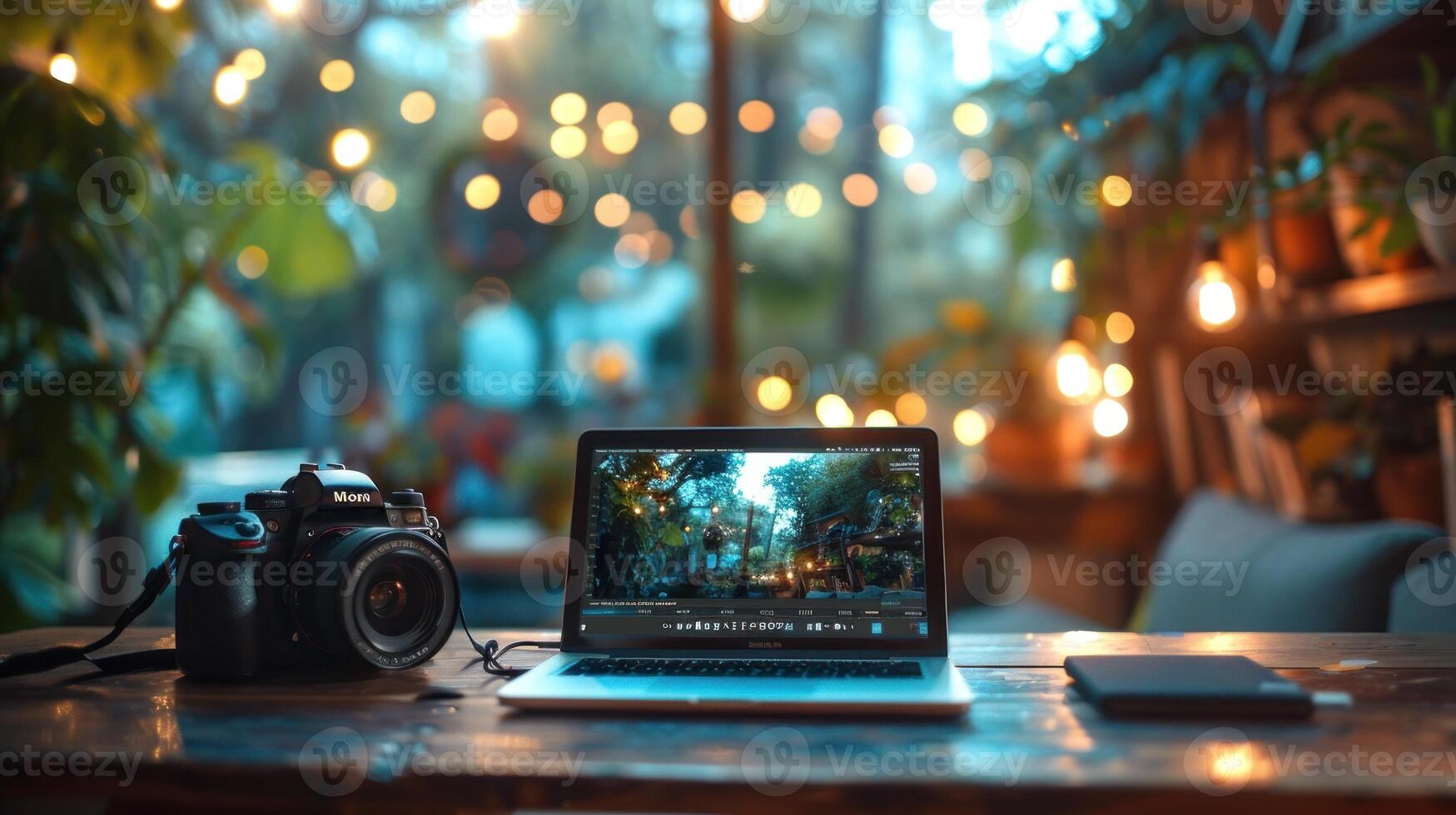 A laptop computer is open on a table with a camera photo