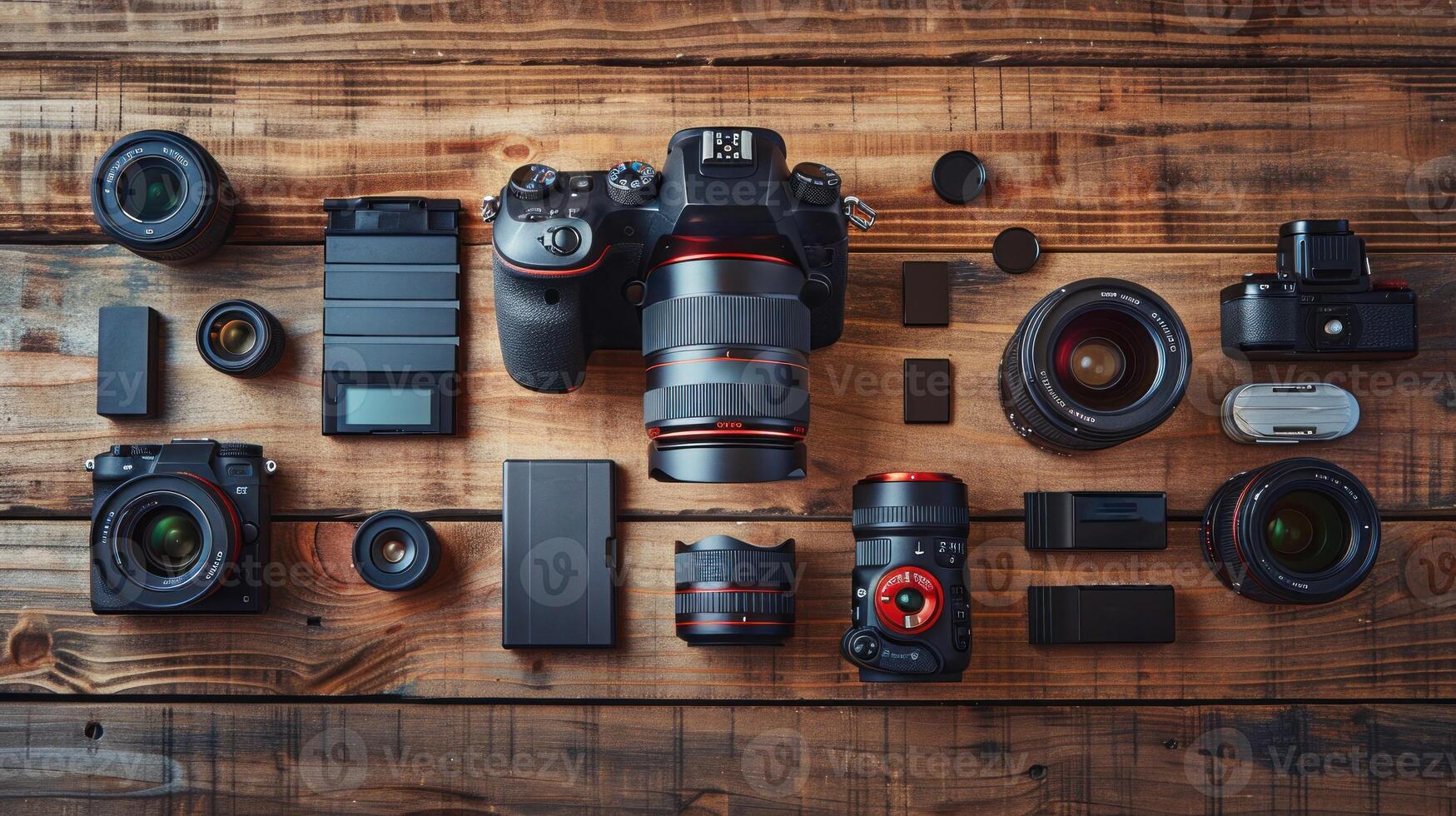 A collection of cameras and lenses are displayed on a wooden table photo