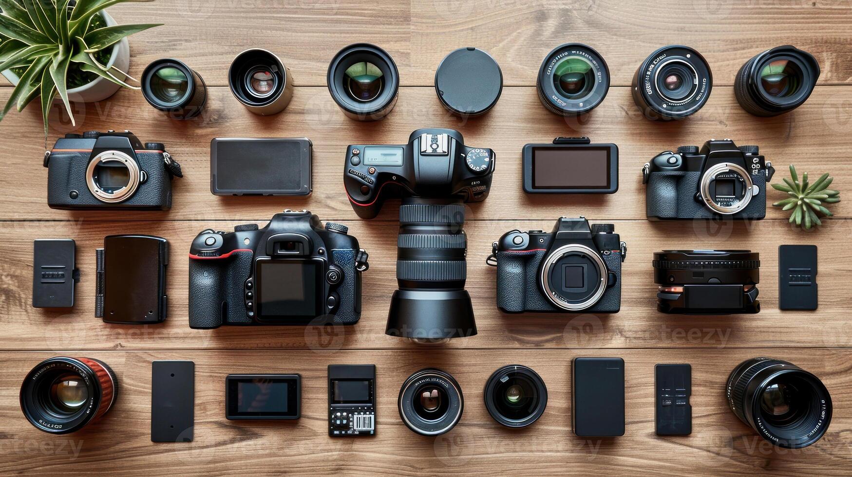 A collection of cameras and lenses are displayed on a wooden table photo