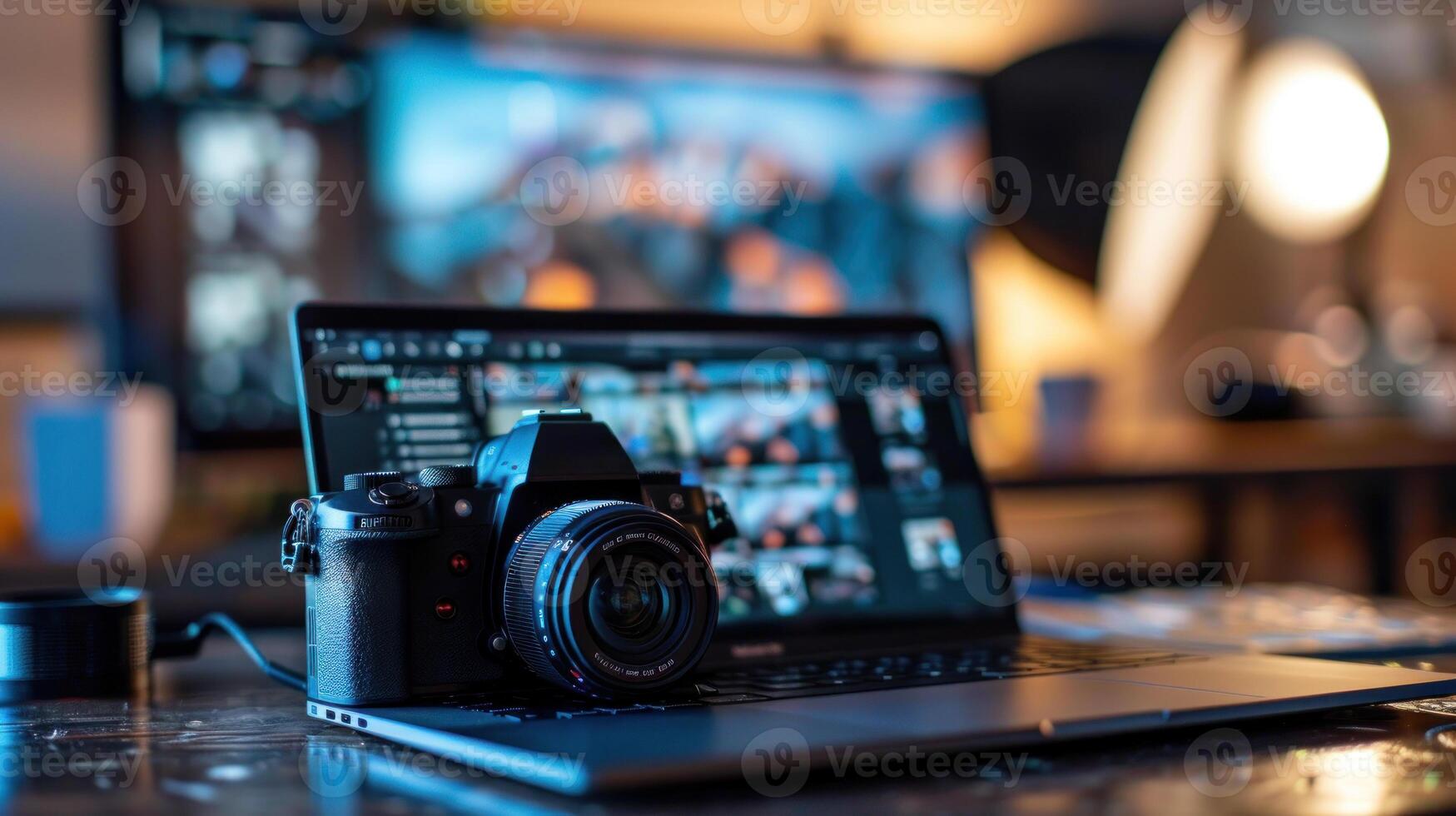 A laptop computer is open on a table with a camera photo