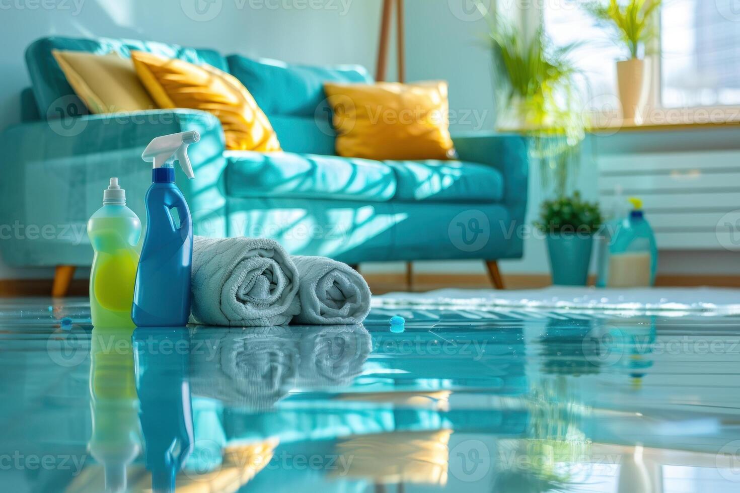 A blue couch sits in a living room with a bottle of Windex photo